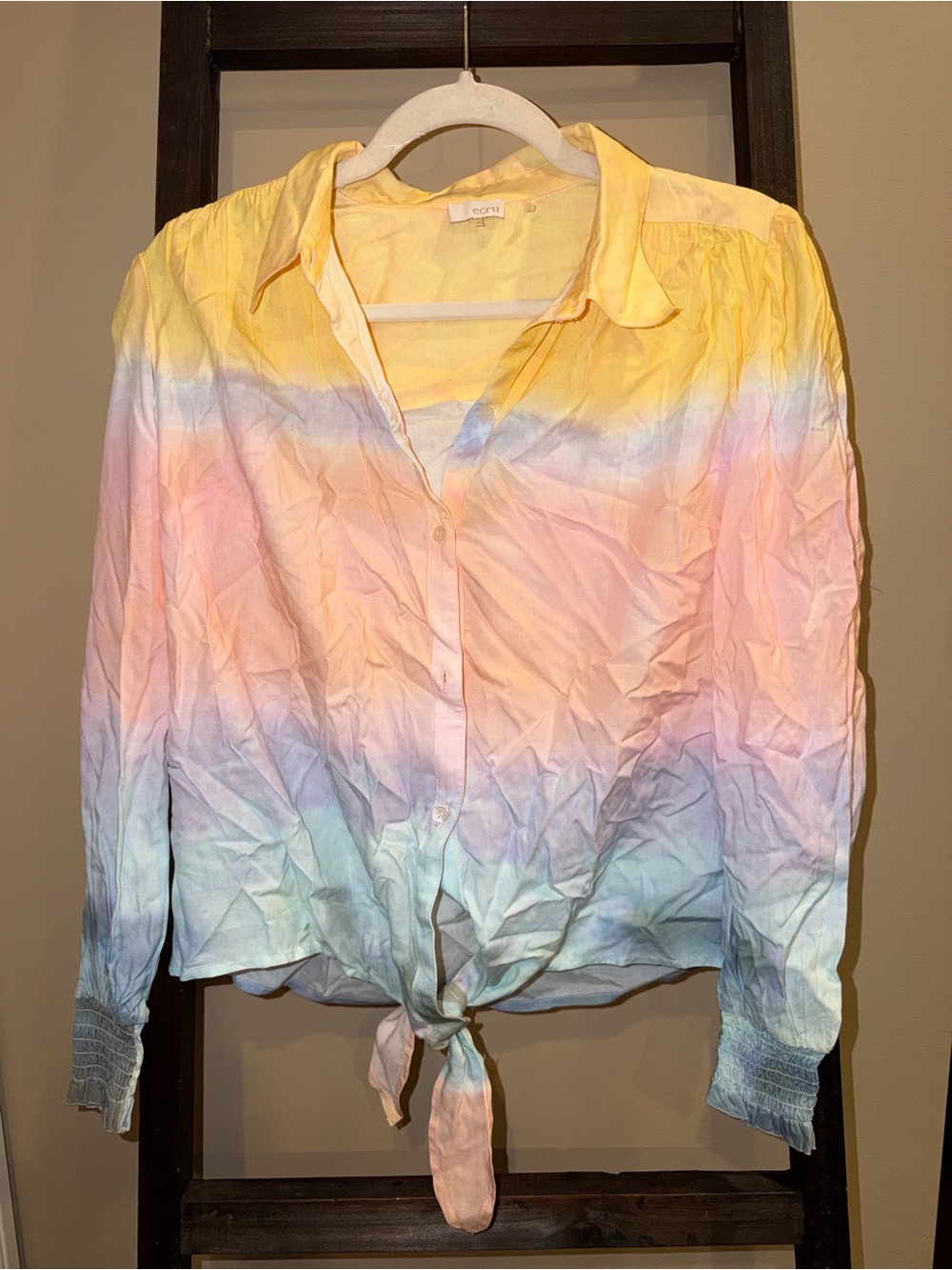 ecru Pastel Ombre Tie-Front Button-Down Shirt - Yellow, Pink, Blue